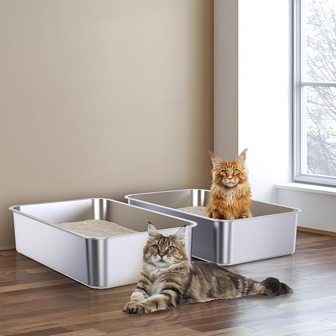 Stainless Steel Litter Box 2 Pack, 23.6" X 15.7" X 6" Steel Litter Box XL No Smell, Extra Large Metal Litterbox for Big Cat, Multiple Cats, Non Stick, Easy Cleaning