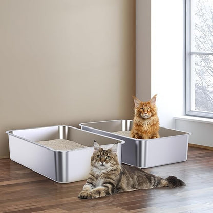 Stainless Steel Litter Box 2 Pack, 23.6" X 15.7" X 6" Steel Litter Box XL No Smell, Extra Large Metal Litterbox for Big Cat, Multiple Cats, Non Stick, Easy Cleaning