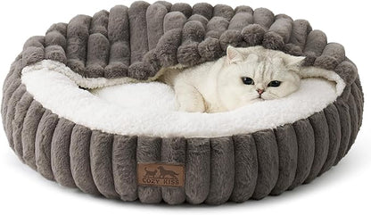 Cat Bed with Hooded Blanket, Round Fluffy Anti-Anxiety Pet Bed for Cats/Small Dogs, Cozy Donut Cuddler with Machine Washable Faux Fur & Anti-Slip Bottom(23"×23"×6",Grey)