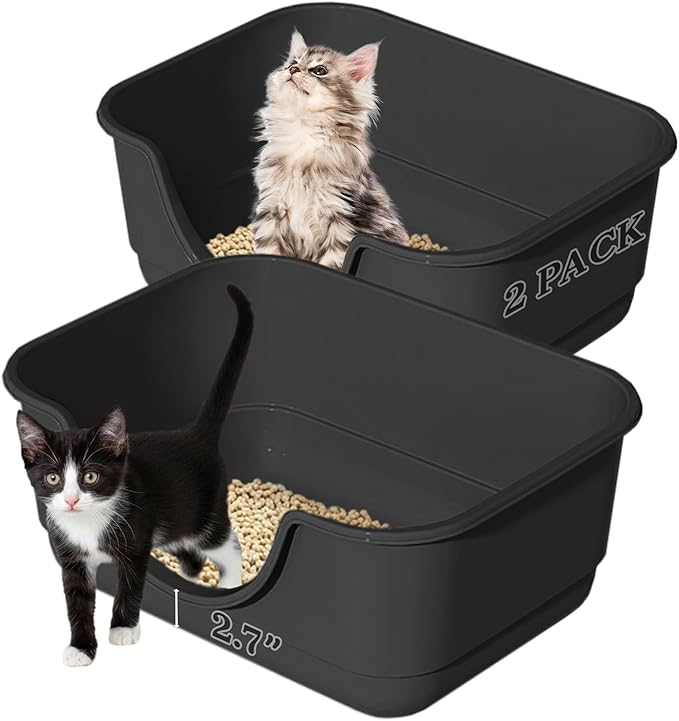 2 Pack Low Entry Small Litter Box for Kittens, Kitty Plastic Litter Boxes, Open Top, Anti-Splash High Sided Litter Tray Pan for Medium Pets, Puppy, Easy to Clean, 15.7"L*11.8"W*6.7"H (Black)