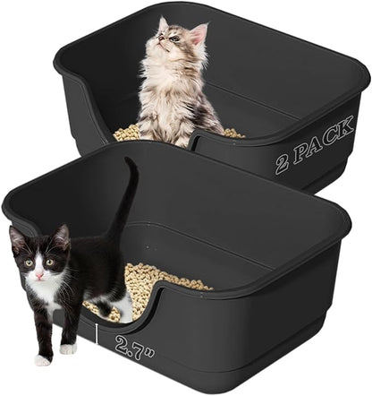 2 Pack Low Entry Small Litter Box for Kittens, Kitty Plastic Litter Boxes, Open Top, Anti-Splash High Sided Litter Tray Pan for Medium Pets, Puppy, Easy to Clean, 15.7"L*11.8"W*6.7"H (Black)