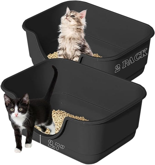 2 Pack Low Entry Small Litter Box for Kittens, Kitty Plastic Litter Boxes, Open Top, Anti-Splash High Sided Litter Tray Pan for Medium Pets, Puppy, Easy to Clean, 15.7"L*11.8"W*6.7"H (Black)