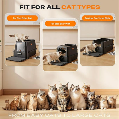 HTii-ë® XXL Stainless Steel Cat Litter Box with Drawer, Extra Large Box for Cats, Enclosed Metal Kitty Litter Box with Litter Scooper, Odor-Urine-Proof, Non-Sticky, Easy Rinse Cleaning
