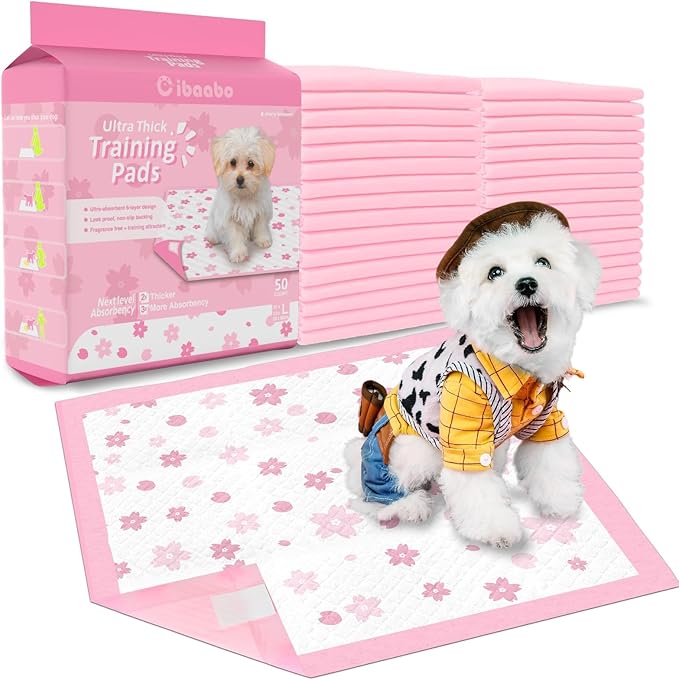 Pink Puppy Pads, 50 Count Cute Dog Pee Pad with Adhesive Tabs for Potty Training, Pink Cherry Blossom Design, Leak-Proof Quiky-Dry Pads for Puppies, Dogs, Cats, Rabbits(23x23in Super Absorbent)