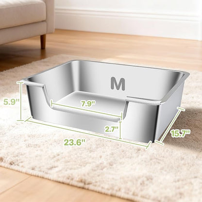 Low Entry Litter Box for Senior Kittens Disabled Cats - Stainless Steel High Sided Enclosed Easy Step in Entry - Large Metal Kitty Litter Box Easy to Clean(17.7"x13.8"x5.9")