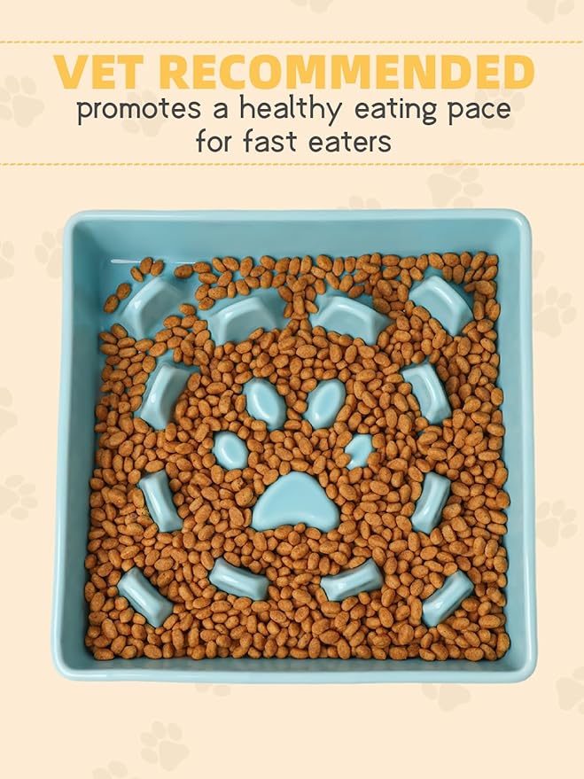 GDCZ Dog Slow Feeder Bowls, Square Ceramic Pet Food Bowl for Medium Breed, Fun Dog Bowls to Slow Down Eating (Turquoise, M-1.8 Cups)