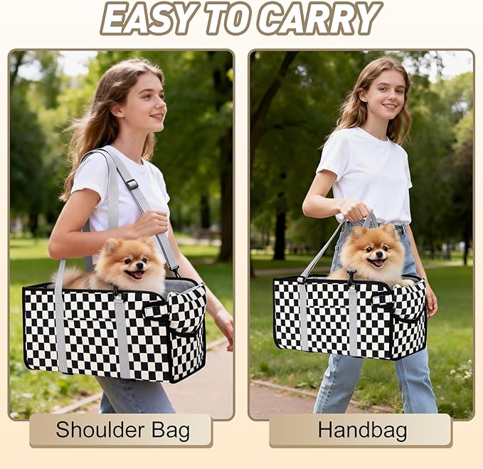 Portable Dog Car Seat for Small Dogs - Pet Booster Seat with Safety Leash & Anti-Collapse Design, Washable Cushion - Center Console Car Travel Carrier for Pets Up to 12 lbs, Black Checkered