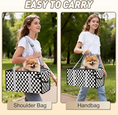 Portable Dog Car Seat for Small Dogs - Pet Booster Seat with Safety Leash & Anti-Collapse Design, Washable Cushion - Center Console Car Travel Carrier for Pets Up to 12 lbs, Black Checkered
