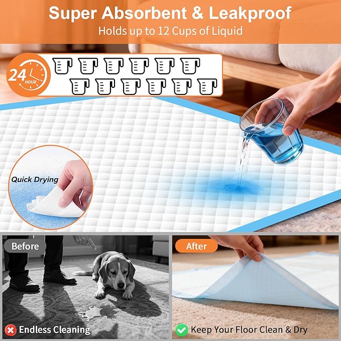 URPOWER Extra Large Dog Pee Pads 55"x29.5" 40 Count, 5XL Super Absorbent Puppy Pads Disposable Potty Training Pads for Dogs & Cats, Leak-Proof Wee Wee Pads, Pet Pee Pads for Car, Crate, Sofa