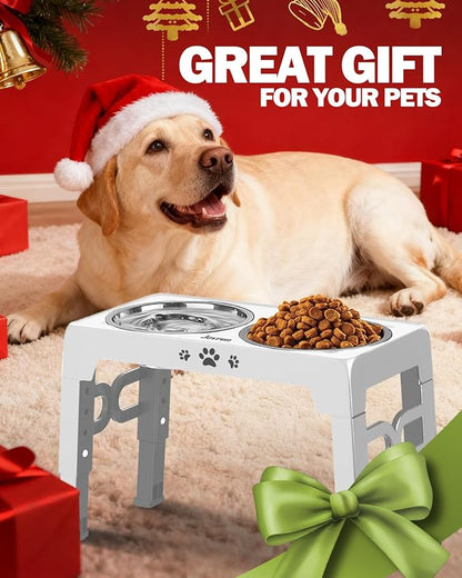 Elevated Dog Bowls for Medium Large Size Dogs, Non-Slip Dog Feeder with 1*Stainless Steel Dishes & 1*Slow Feeder Bowl, 5 Heights Adjustable Raised Bowls to 3.15″-8.66″-9.84″-11.02″-12.2″