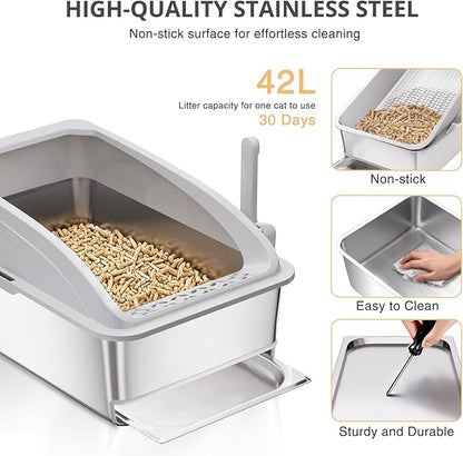23.6"x15.7"x13.78" Stainless Steel Sifting Litter Box with Lid, XL Sifting Design for Pine Pellets, High Sides Metal Litter Box for Big Cats 7.9in Deep, Easy-to-Clean Removable Drawer Pan