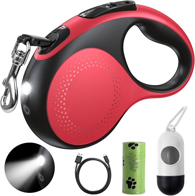 Retractable Dog Leash with Led Light, Douexio 16ft Heavy Duty Dog Leash Retractable for Medium Large Dogs Up to 110lbs,360° Tangle-Free, One-Button Control, High Strength Hook (Red, 66-110lbs)