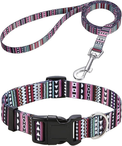 Dog Collar and Leash Set with Bohemia Floral Tribal Geometric Patterns - Soft Ethnic Style Collar Adjustable for Small Medium Large Dogs(Bohemian Purple Set,XS)