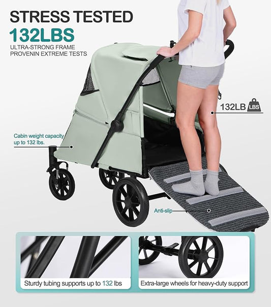 Pet Stroller with Ramp for Large Dogs up to 132lbs, Large Pet Gear for Multiple Dogs/Cats, All-Terrain with Mesh Dual-Window & NO-Zip, Removable Mattress & Slope Pad(Lake Green)