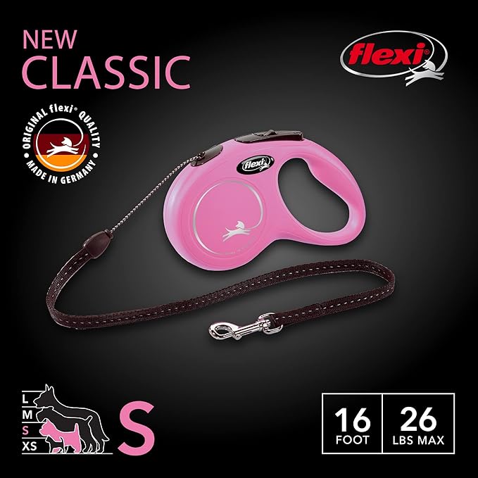 FLEXI New Classic Cord Retractable Dog Leash for Small Dogs up to 26 lbs. – 16 ft., Pink | Tangle-Free Pet Walking Leash with One-Handed Brake, Pause, Lock|German Quality Product