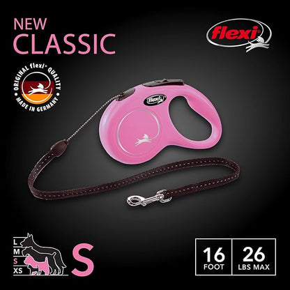 FLEXI New Classic Cord Retractable Dog Leash for Small Dogs up to 26 lbs. – 16 ft., Pink | Tangle-Free Pet Walking Leash with One-Handed Brake, Pause, Lock|German Quality Product