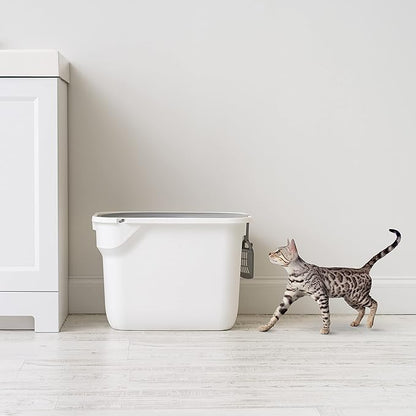 IRIS USA Large Cat Litter Box Top Entry with Lid, Enclosed Litter Box with Litter Catching Lid & Scoop, Covered Cat Litter Box Enclosure for Privacy, High Sided, White/Gray