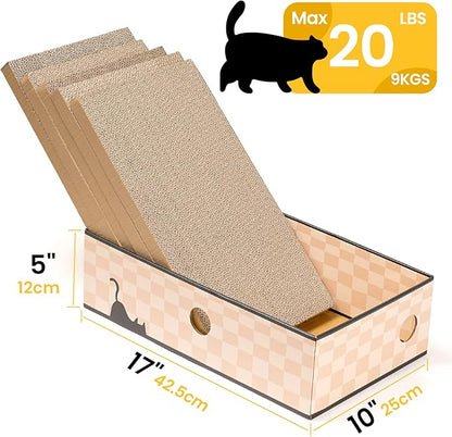 Cat Scratcher Box with Heavy-Duty Double-Sided Cardboard Pad, Cardboard Lounger, Interactive Hole Design, Cat Bed for Indoor Cats, Checkered,Large - 5 Pack
