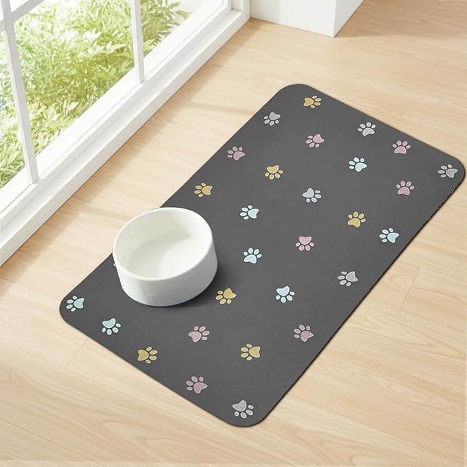 Cat Food Mat Absorbent Dog Mat for Food and Water Non Slip Quick Dry Dog Bowl Mats for Floors 24" X 16" Paw Dark Gray