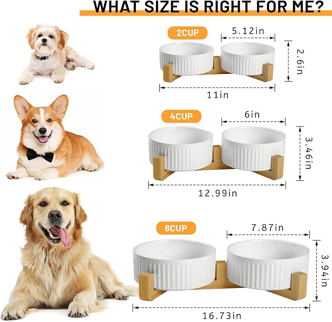 Non-Slip Ceramic Dog Bowls with Wooden Stand,8" Dog Food and Water Bowl Set with Silicone Base, 64 OZ/8 Cups Weighted Flip-Proof Pet Feeding Bowl for Small Dogs and Cats (Large,White)