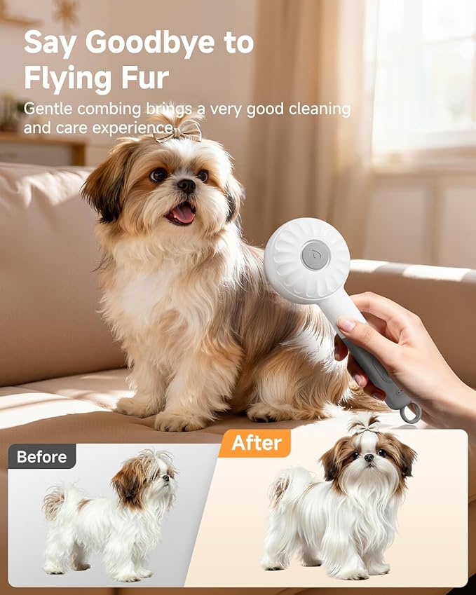 Pet Spray Brush for Cats & Dogs, 3-in-1 Grooming Tool with Cool Mist, 2-Speed Spray Settings, Removes Dander & Deshedding, One-Touch Self-Cleaning Hair Brush, for Long Short Hair Pets