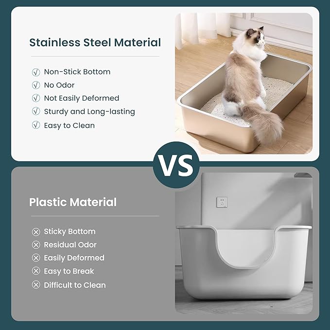 Large Stainless Steel Cat Litter Box, 17.7”x13.8”x6” Metal Litter Box with High Sided for Small Big Cats, Odor Free Kitty Litter Tray, Anti-Leakage, Non Sticky Litter Pan, L
