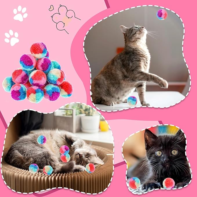 Bremorou 30 Pcs Cat Pom Pom Balls Soft Cat Balls Toy for Indoor Colorful Interactive Rainbow Toy Ball for Indoor Cats Kittens Training Playing Exercising Kitty Pet Interactive Play 1.2 Inches