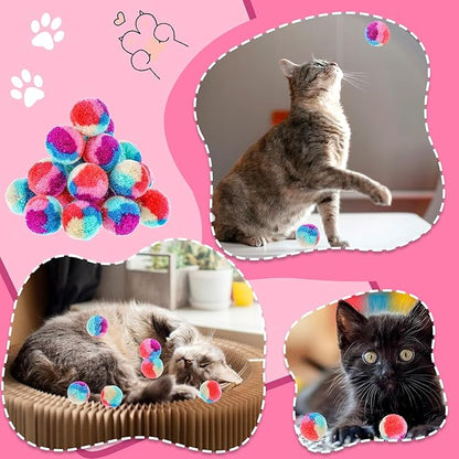 Bremorou 30 Pcs Cat Pom Pom Balls Soft Cat Balls Toy for Indoor Colorful Interactive Rainbow Toy Ball for Indoor Cats Kittens Training Playing Exercising Kitty Pet Interactive Play 1.2 Inches