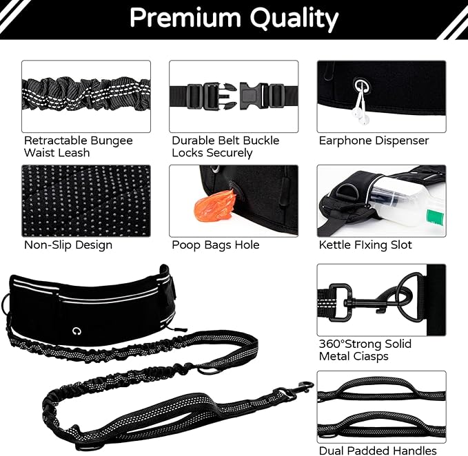 Hands Free Dog Leash with Waist Bag for Large Dog Walking, Shock Absorbing Bungee Leash with Zipper Pouch for Running, Dual Padded Handles & Adjustable Waist Belt