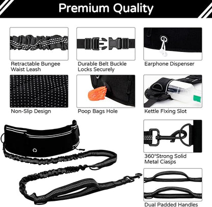 Hands Free Dog Leash with Waist Bag for Large Dog Walking, Shock Absorbing Bungee Leash with Zipper Pouch for Running, Dual Padded Handles & Adjustable Waist Belt