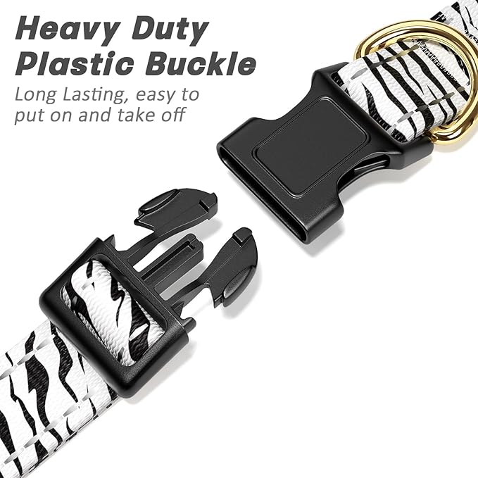 Reflective Dog Collar for Medium Dogs, Cute Boho Adjustable Heavy-Duty Nylon Puppy Collar for Boy and Girl Female, Soft Pet Accessories with Quick Release Buckle, Stylish Zebra Print