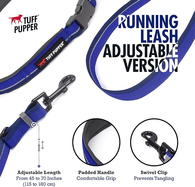 Tuff Pupper Hands Free Adjustable Length Dog Leash | Lightweight for Running Jogging Walking | Padded Waist Belt (24-50 inch) | Adjusts 3 to 6 Feet Length | Strong Ballistic Nylon w/Reflective Strips