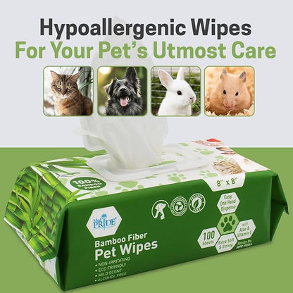 MED PRIDE Gentle Doggie Towelettes Biodegradable Pet Wipes XL – 100% Bamboo Fiber Dog & Cat Cleaning Wipes with Aloe Vera – 8”x8” Hypoallergenic Deodorizing Grooming – 8 Packs (800 Count)