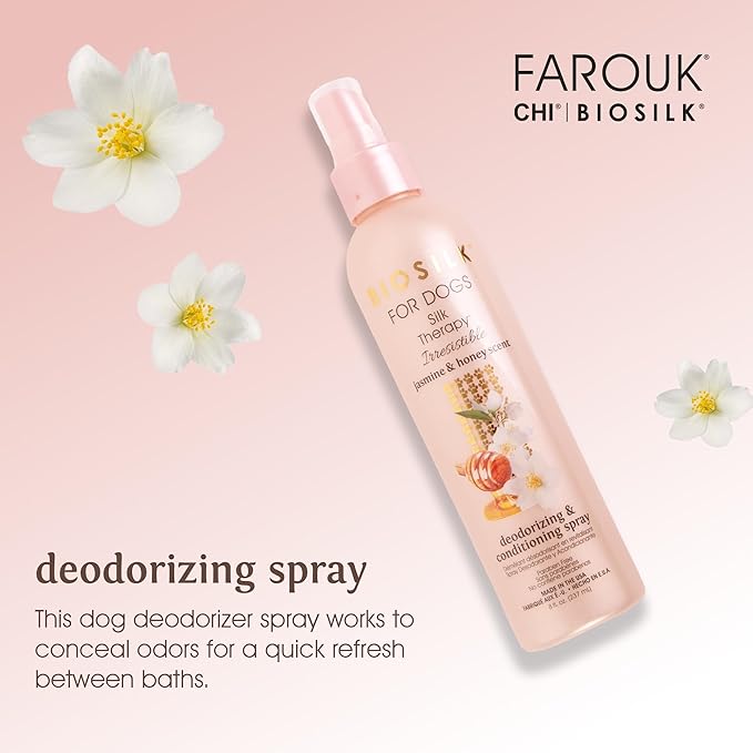 BioSilk for Dogs Silk Therapy Irresistible Deodorizing and Conditioning Spray, Jasmine and Honey Scent, Hydrolyzed Silk Proteins, Paraben Free, pH Balanced for Dogs, Safe 8 Weeks+, 8 fl oz
