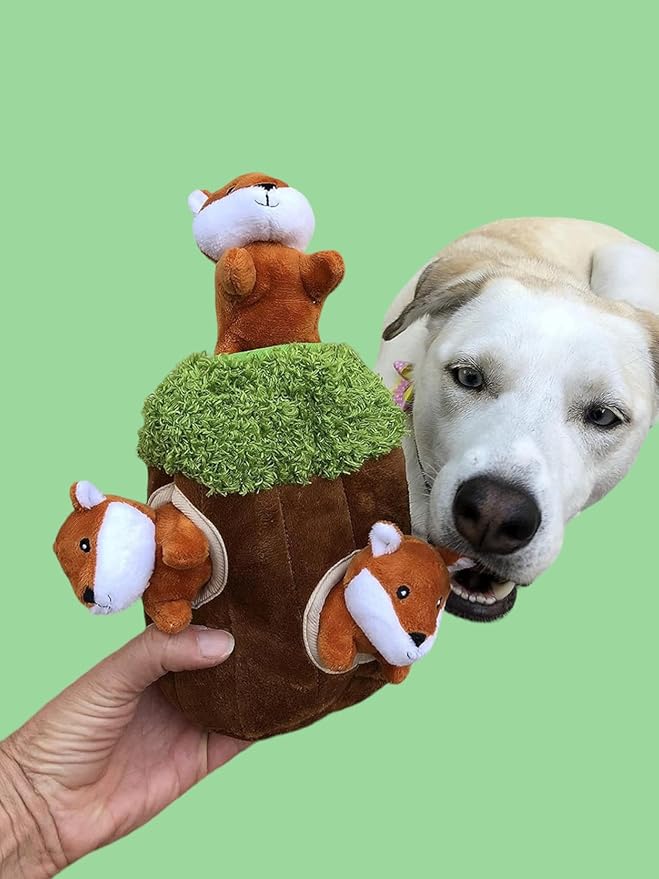 Glow Pups Hide and Seek Dog Toy, Plush Fox Inside Trunk, Squeaky Interactive Burrow Toy for Mental Stimulation, Durable & Engaging, Woodland Style, Small, 3 Animals