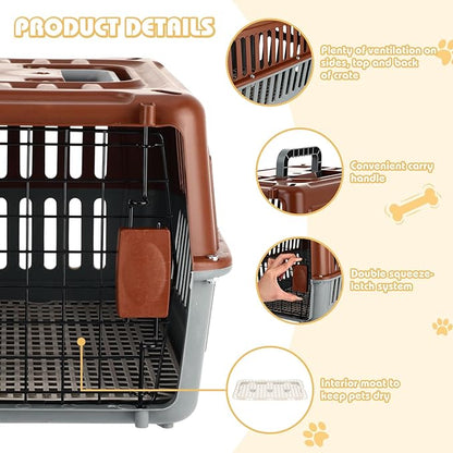 2 Set Travel Pet Carriers for Small Cat Dog Plastic Hard Shell Carrier Cat with Bowl Wire Door Grille Mat Portable Breathable Security Lock Puppy Kennel for Travel Airline, 17.5", up to 13lbs(Brown)