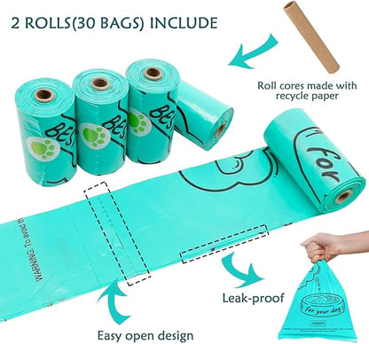 Dog Poop Pickup Bags Holder Dispenser with Standard-Sized Leak-Proof Scented Doggy Waste Bags and Carabiner with Safety Lock&Fastener Never Loose on Leash Lead Again (2 Holders 30 Bags, Black)