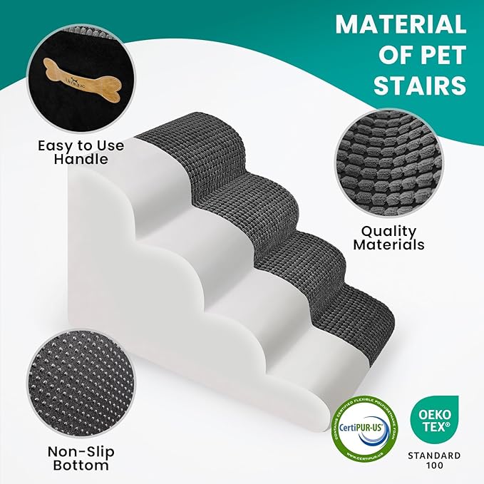 Dog Srairs for Small Medium Dogs, 5-Step Pet Stairs for High Beds and Couch, Foam Dog Ramp with Durable Non-Slip Waterproof Fabric Cover, Grey Pet Stairs for Pets Joints