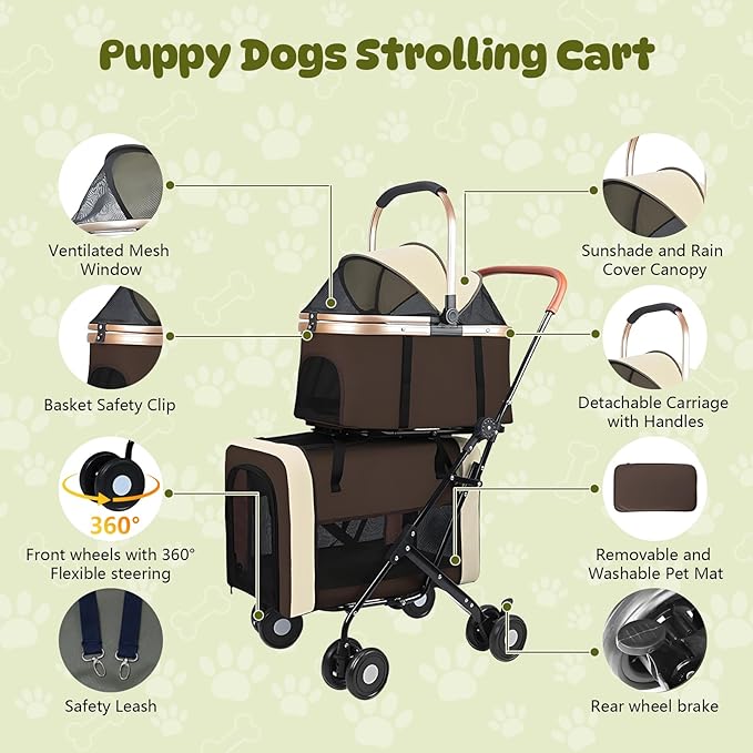 Double Pet Stroller for Dogs and Cats, One-Step Folding Dog Stroller Travel Carriage for Small Medium Dogs Cats, 2 Detachable Carrier Bags, 4 Lockable Wheels (Brown)