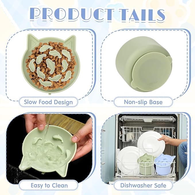2 Pack Silicone Cat Slow Feeder, Elevated Slow Feeder Cat Bowl for Dry and Wet Food, Tilted Design with Non Slip Base, Adjustable Angle for Pet(Green and Blue)