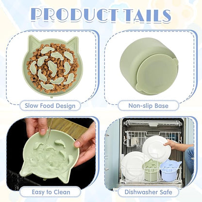 2 Pack Silicone Cat Slow Feeder, Elevated Slow Feeder Cat Bowl for Dry and Wet Food, Tilted Design with Non Slip Base, Adjustable Angle for Pet(Green and Blue)