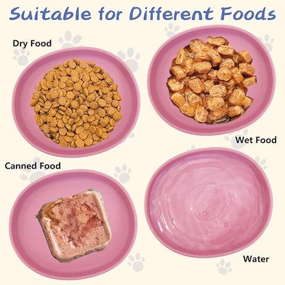 Fhiny 2 PCS Silicone Cat Food Bowls Shallow Dog Bowl 7" Non-Slip Pet Feeding Dishes for Dry and Wet Food Whisker Fatigue Cat Plates for Kitten Puppy and Small Pets (Pink)