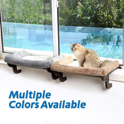Zakkart Cat Perch for Window Sill with Bolster - Orthopedic Hammock Design with Premium Hardwood & Robust Metal Frame - Cat Window Seat for Large Cats and Kittens - Dark Stained Wood Gray Bed, 24''W