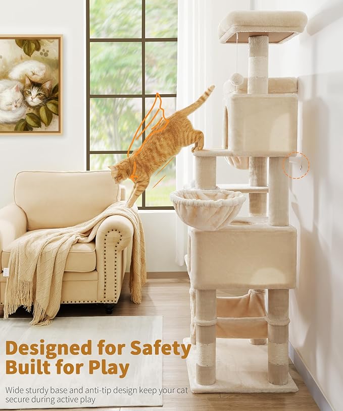 AMHANCIBLE Cat Tree, 70 Inch Cat Tower for Indoor Cats, Multi-Level Cat Tree with Scratching Post, Hammock, Hanging Basket, Large Cat Condos for Adult Cats Kittens, Beige, PT18BG