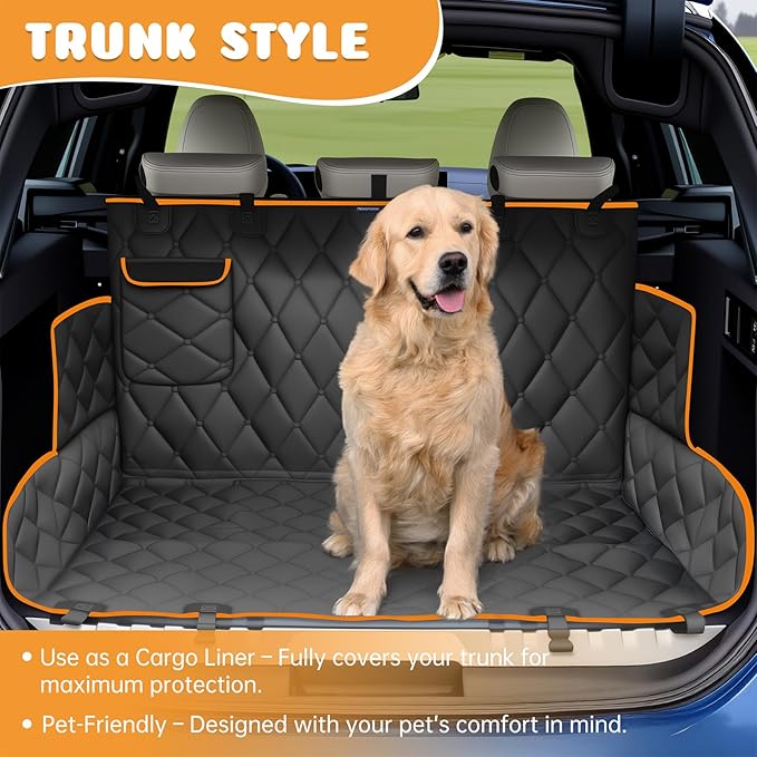 Dog Car Seat Cover for Back Seat 100% Waterproof, Long-Lasting and Soft Nonslip Backseat Cover for Cars, SUVs and Trucks, 600D Oxford Fabric, Black-Orange, Standard (54" W x 59" L)