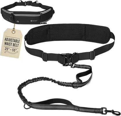 Tails & Tales Hands Free Dog Leash with Waist Pouch, Lumbar Support Upgraded, Bungee Reflective Leash, Adjustable Belt 25-55", Walking Running Hiking Training for Dogs Up to 125lbs (Black, One Dog)