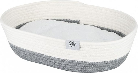 Kitty City Woven Cat Bed with Removable Washable Cushion, Cozy Braided Rope Indoor Cat Bed with Natural Catnip, Warm Round Cat Bed for Small to Medium Cats, 14” x 19" - White/Grey