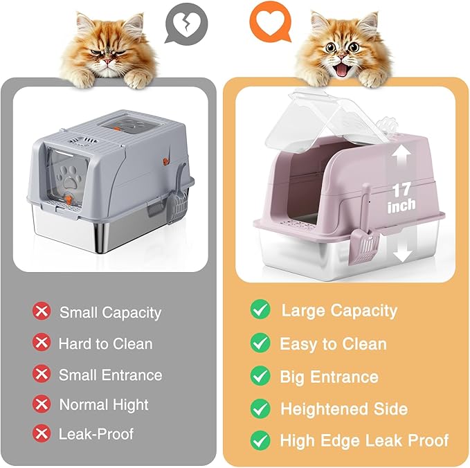Stainless Steel Cat Litter Box Fully Enclosed Extra Large Metal High Sided Cat Box with 120° Fully Transparent See-Through Flip Lid, Scoop & Mat - Pink -XL
