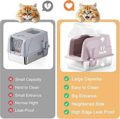 Stainless Steel Cat Litter Box Fully Enclosed Extra Large Metal High Sided Cat Box with 120° Fully Transparent See-Through Flip Lid, Scoop & Mat - Pink -XL