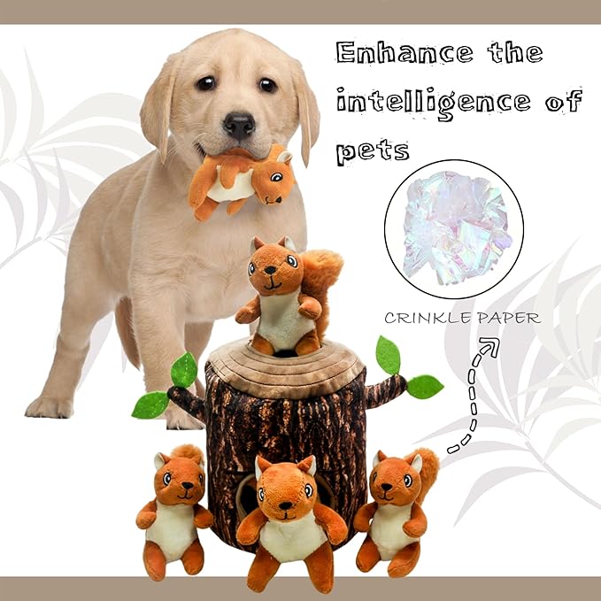 Hide and Seek Dog Toys Squeaky Squirrel Plush Toy with Crinkle Trunk, Interactive Dog Toy to Keep Them Busy Pet Chew Toys for Small & Medium Dogs (Tree Trunk Hideout with 4 Squirrel)